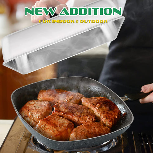 HaSteeL Square Cheese Melting Dome, Stainless Steel 9…“ x 9…“ x 2 Inch Steaming Basting Cover, Heavy Duty Griddle Grill Accessories for Flat Top Teppanyaki Cast Iron BBQ Outdoor Kitchen Cooking, 2 Packs